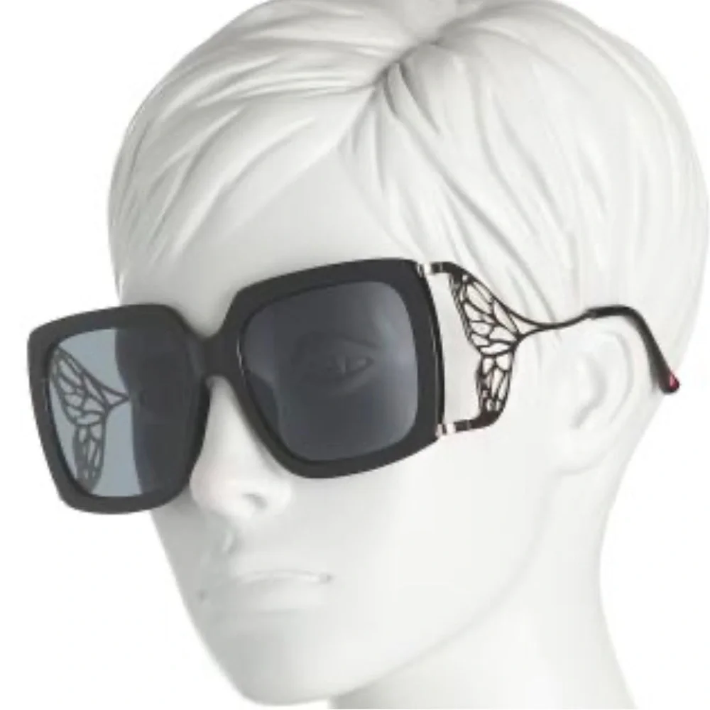 Betsey Johnson Black Oversized Square Sunglasses with Decorative Temples